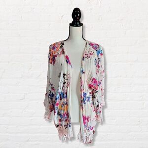 Umgee Womens Kimono Cream and Floral Poncho with Fringe Size Medium